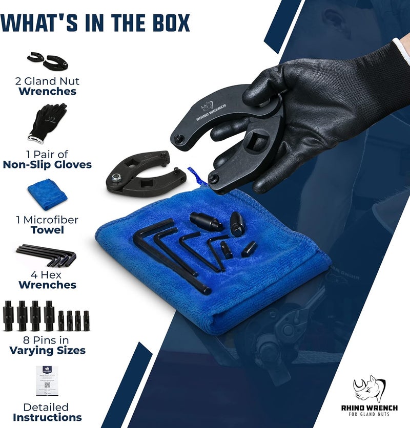 Eleon Rhino Gland Nut Wrench - Set of 2 Hydraulic Cylinder Spanner Wrench Adjustable - Spanner Wrench Set Includes Gloves, Microfiber Towel, Pins & Allen Wrenches, Suitable for Farm & Construction Equipment - Image 2